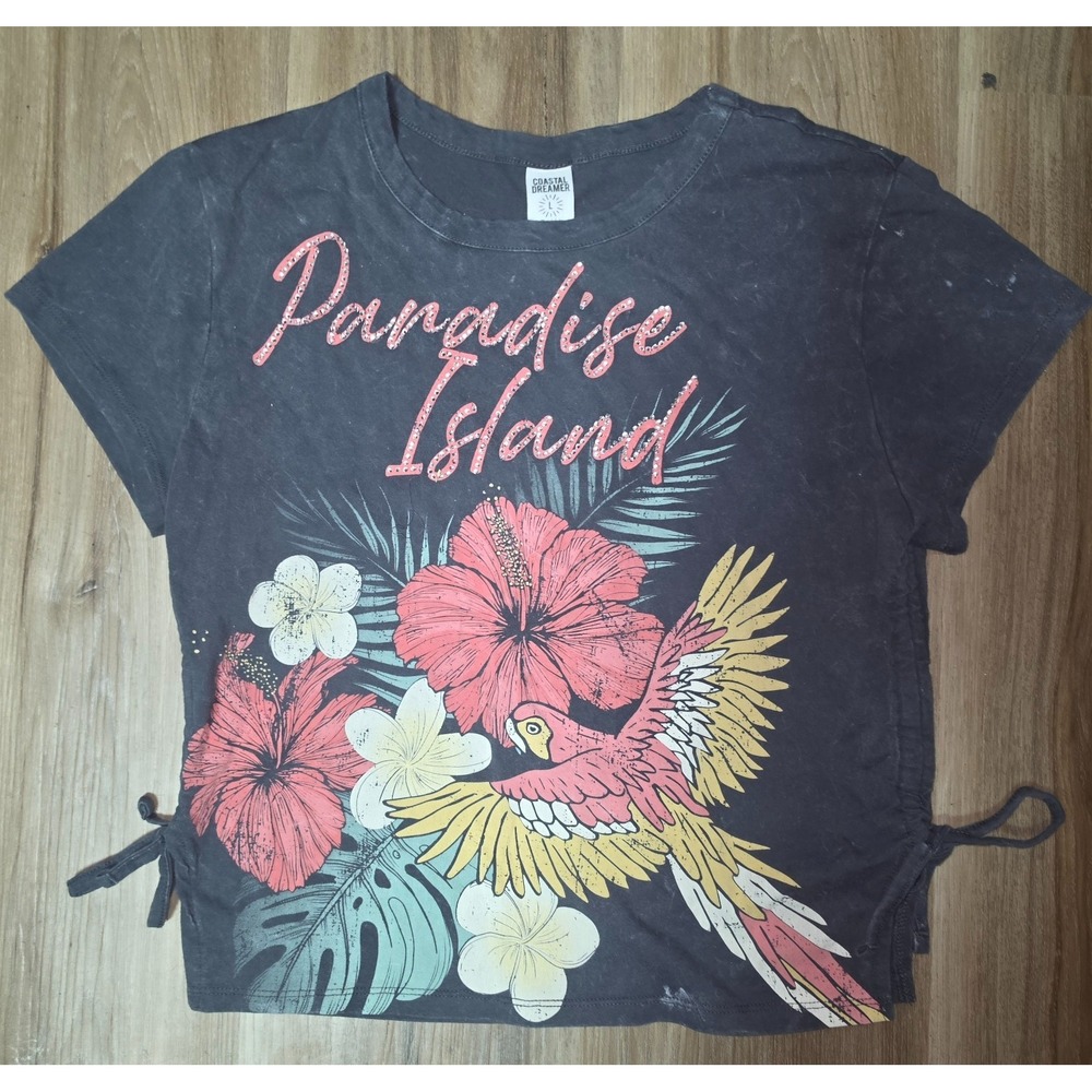 Coastal Dreamer Paradise Island Parrot Crop Top Black Mineral Wash Large